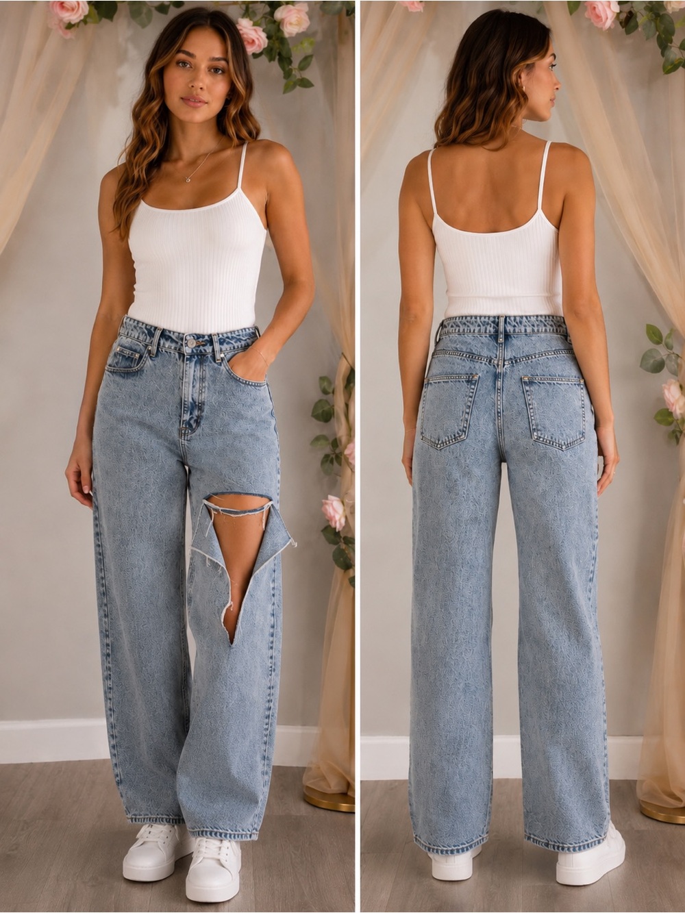 NWT Signature8 Distressed Wide Leg Jeans High Rise 100% Cotton Button Fly S
